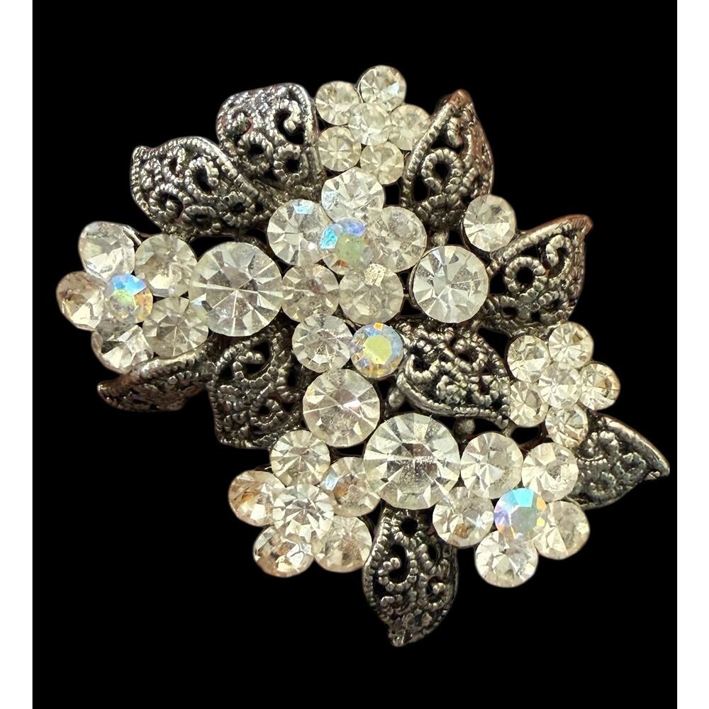 Vintage Rhinestone Floral Brooch Silver Tone Filigree Cluster Statement Pin